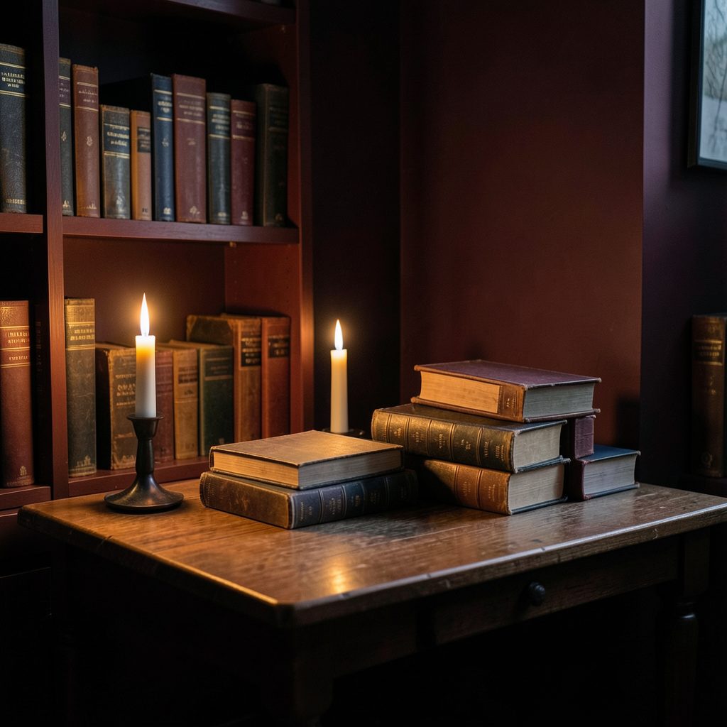 A cozy dark reading nook lit by warm amber candlelight, stacks of well-worn hardcover books on a wooden desk, deep burgundy and charcoal tones, atmospheric and inviting