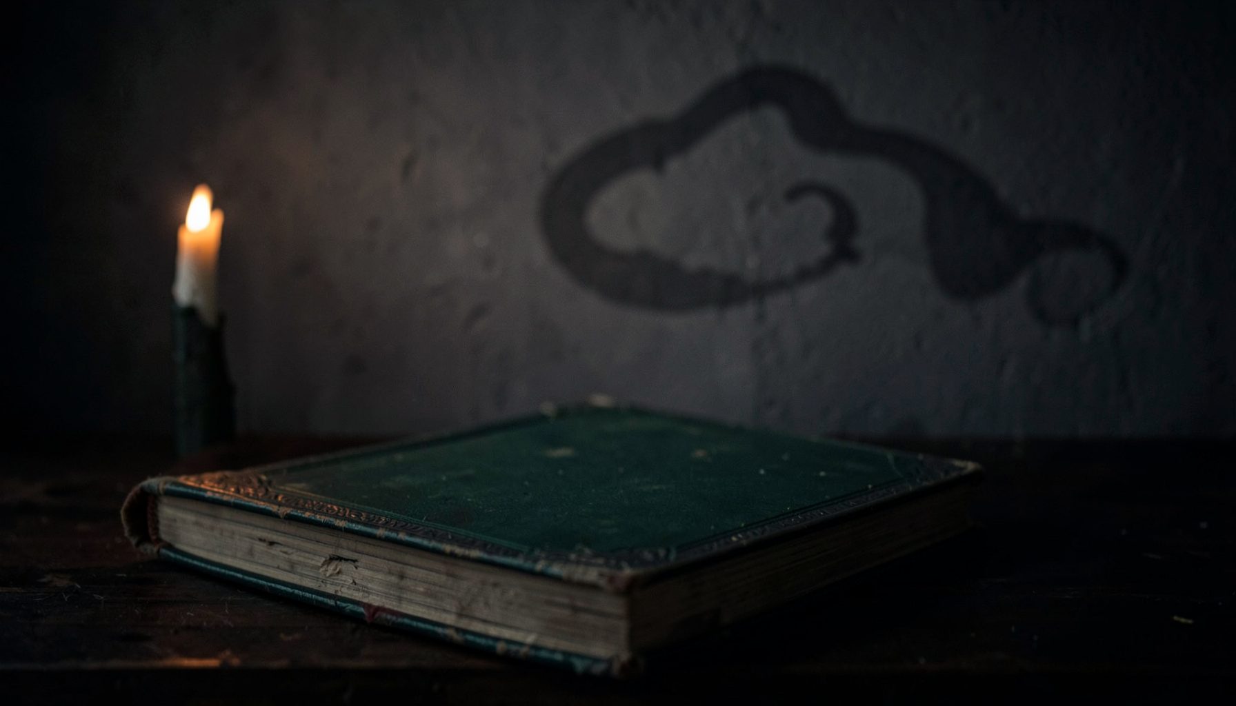 A dark, moody composition of an old green-and-silver journal beside a flickering candle, faint serpentine shadow on the wall, mysterious and slightly ominous atmosphere.
