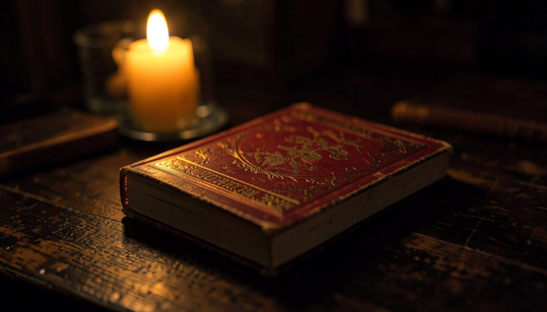 A dim, warm-toned still-life of a worn hardcover book with a red and gold cover resting on a dark wooden table, soft candlelight glow, cozy and mysterious mood.