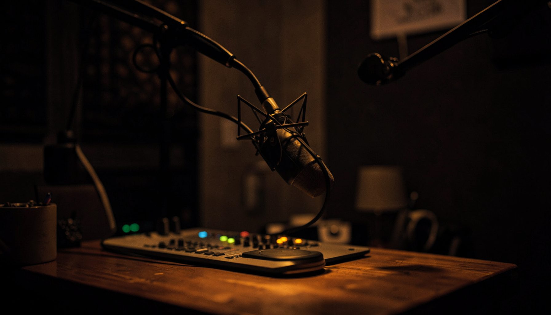 A dimly lit podcast recording setup with a microphone on a desk, warm amber and deep charcoal tones, cozy late-night recording atmosphere