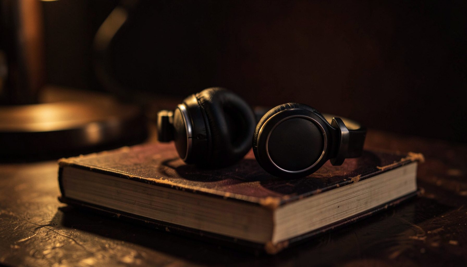 A pair of headphones resting on a worn hardcover book, soft golden light from a nearby lamp, dark academia mood in browns and deep reds