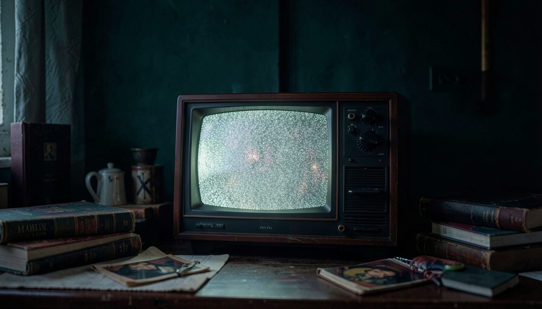 A vintage television set glowing with soft static, surrounded by books and memorabilia, nostalgic and slightly eerie mood in dark teal and burgundy