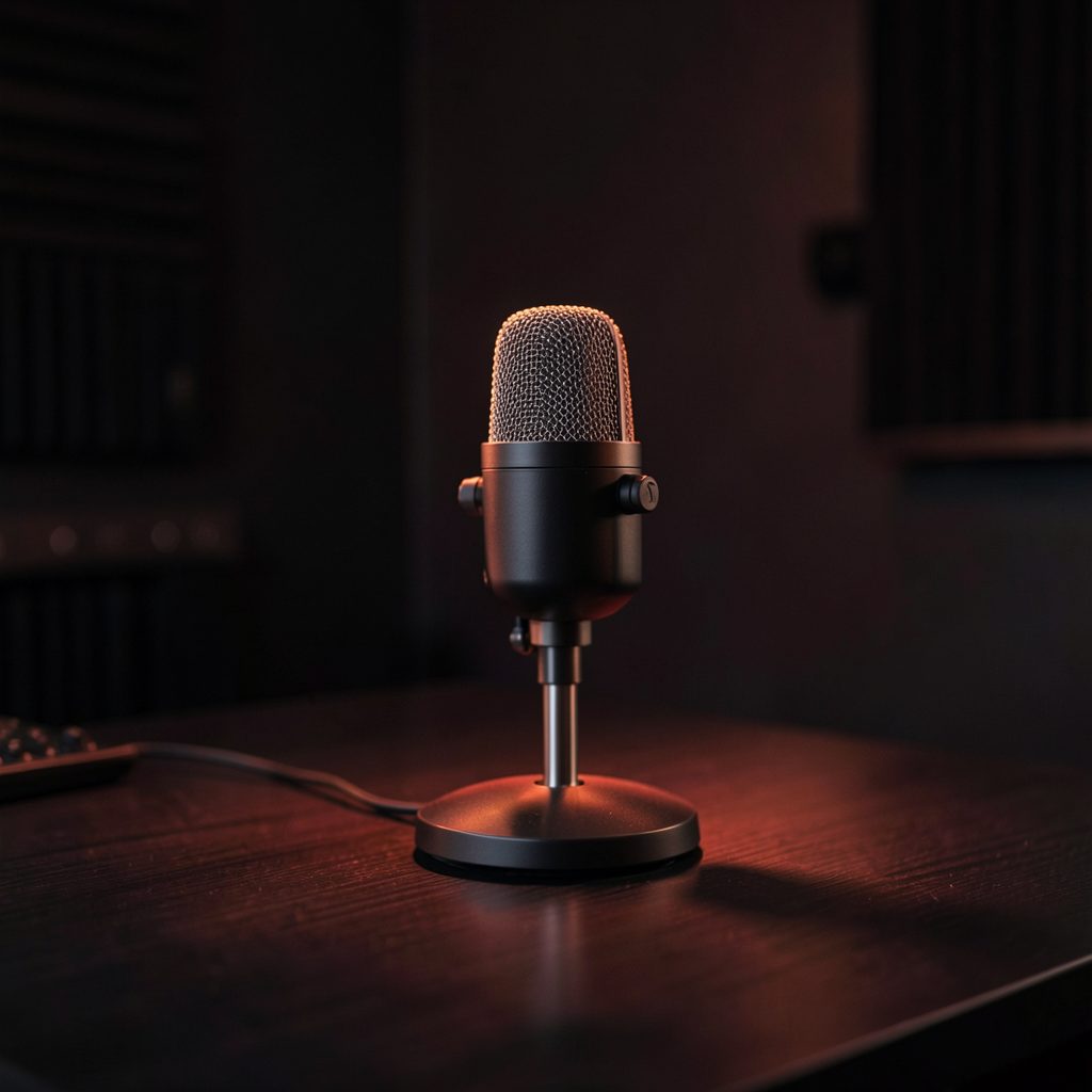 A warmly lit podcast microphone on a dark desk, with deep red and charcoal tones creating an intimate, cozy atmosphere.