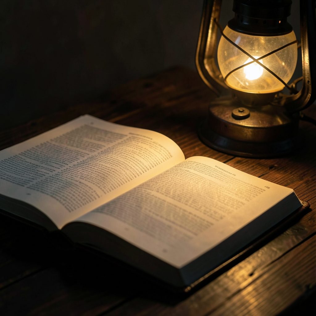 An open book resting on a dark wooden surface beside a glowing lantern, soft golden light spilling across the pages, moody and warm with deep shadow tones