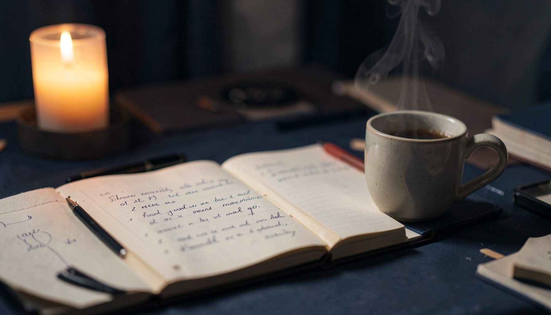 An open notebook with handwritten notes beside a steaming mug, warm candlelight glow, intimate creative workspace in muted navy and cream